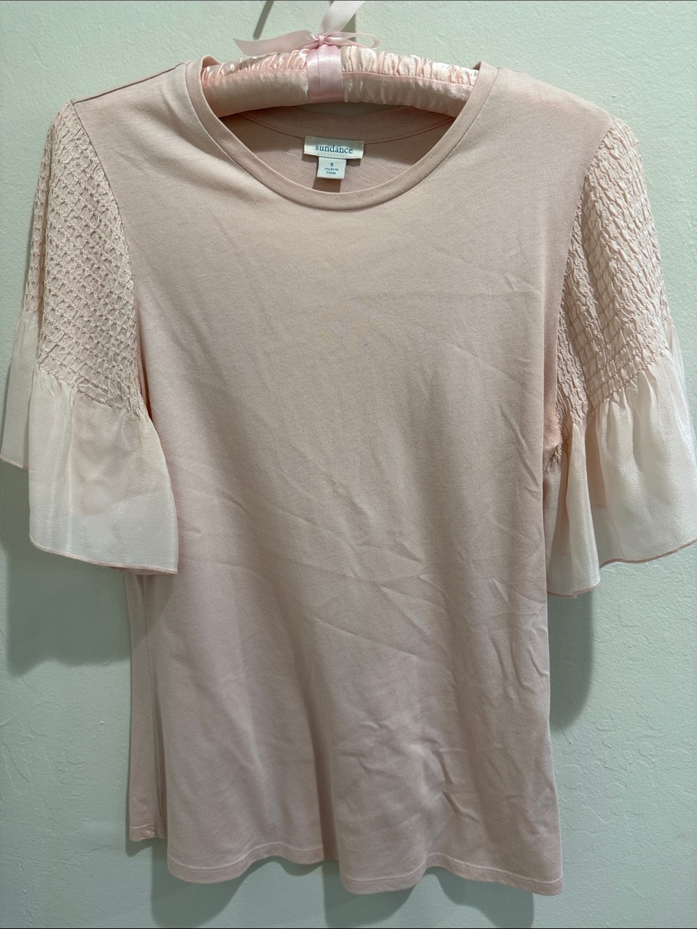 Sundance Pale Blush Smocked Silk Flutter Sleeve Tee